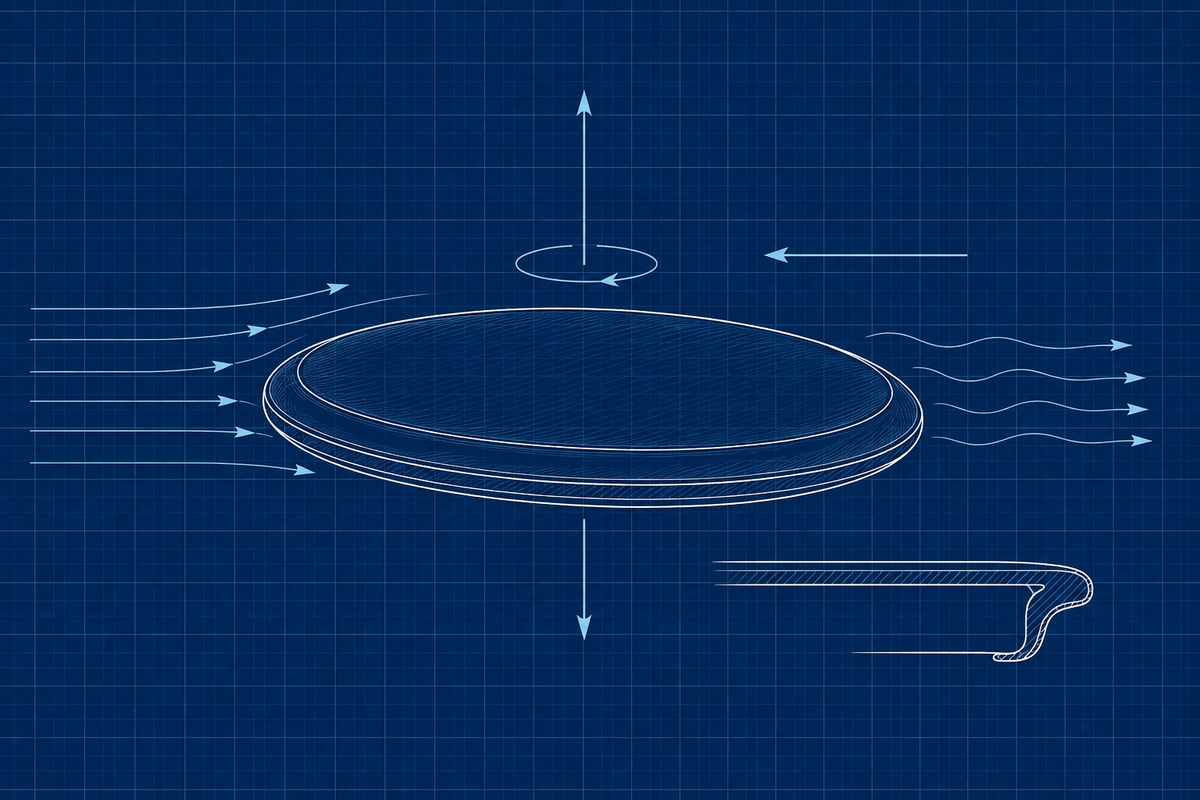 Blueprint drawing of a round disc golf disc showing airflow, lift, weight, drag, spin, and an enlarged rim profile.